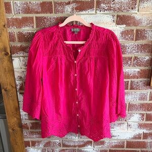 Style & Co. Bright Pink Eyelet Button Down Cotton Blouse XL Boho Coquette